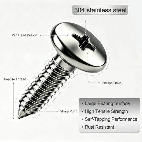 304 Stainless Steel Wood And Sheet Metal Screws Set, 280 Pcs Pan Head Phillips Self Tapping Screws In Sizes Six And Eight, Lengths One Half Inch To One Inch, Marine Grade Corrosion Resistant For Wood Metal And Gypsum, close-up of pan head Phillips screw