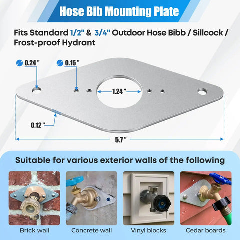 4 Pack Aluminum Hose Bib Mounting Plates Outdoor Spigot Mounting Kit Beefy Heavy Duty Rust Resistant Brackets For Garden Patio Farm Water Lines UV Coated Durable And Easy To Install, 5.7in plate