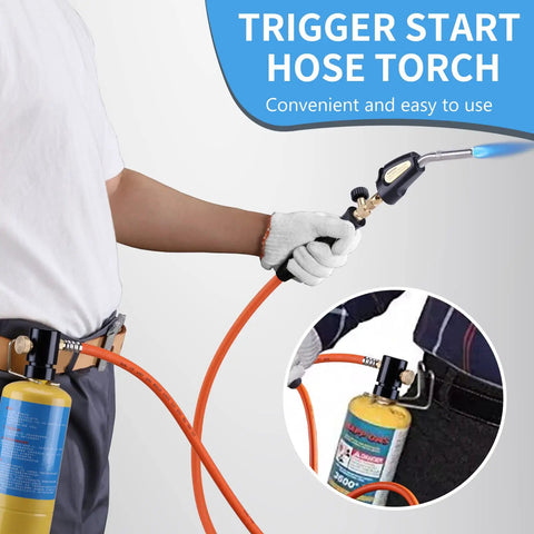 Person using Propane Torch Hose Kit 3.6Ft With MAP Gas Torch Kit Trigger Start Adjustable Heat Knob Near Torch Head