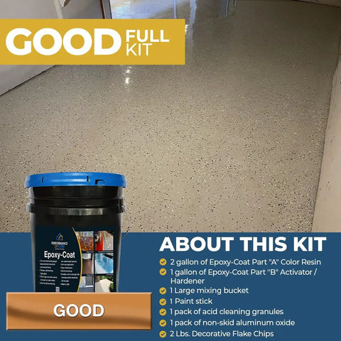 Tough As Nails Epoxy Floor Coating Kit For Concrete With Taupe Base And Canyon Brown Quarter Inch Flakes Covers Five Hundred Square Feet showing the full kit with bucket and epoxy finish.