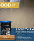 Top Shelf Epoxy Floor Coating Kit With Gray Base And Canyon Brown Quarter Inch Flakes For Direct To Concrete Garage Or Basement Use Includes Non Toxic Activator For Hella Tough Durability, showing kit with resin and glossy floor.