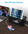 Extra Large Cable Management Box With Phone Stand For Power Strips And Chargers on desk with tablet and smartphone