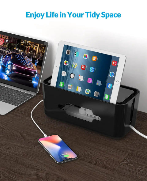 Extra Large Cable Management Box With Phone Stand For Power Strips And Chargers on desk with tablet and smartphone