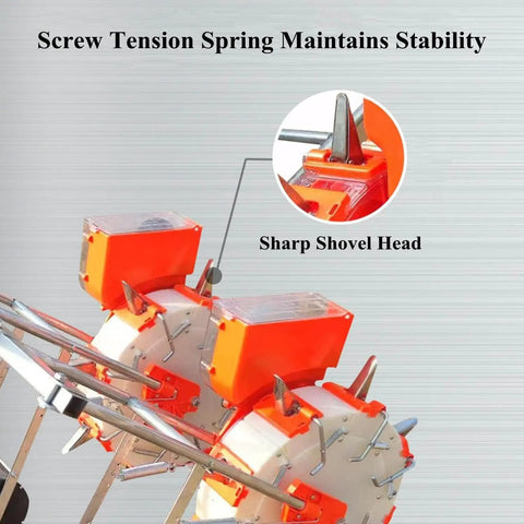 Double Row Hand Push Garden Seeder Roller Seeding And Fertilizer Applicator Manual Seeder close-up of shovel heads
