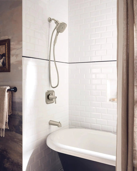 Modern Single Handle Tub And Shower Valve Set With Magnetix Snap Docking And Square Handheld Rain Shower Sprayer In Spot Resist Brushed Nickel For Slick No Fuss Daily Refresh