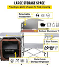 Aluminum Portable Folding Camp Kitchen Table with Windscreen, storage cupboard, and shelves; ideal for outdoor cooking.