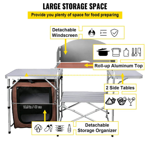 Aluminum Portable Folding Camp Kitchen Table with Windscreen, storage cupboard, and shelves; ideal for outdoor cooking.