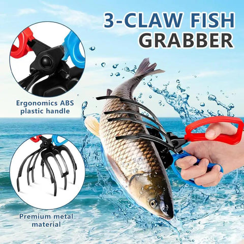 3 Claw Fish Gripper With No Slip Grip, used to hold a fish over water, showing ABS handle and metal build details.