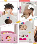 Toddler exploring freestanding kids playground, using telescope on 9-in-1 Toddler Slide And Climber Playset For Backyards Or Indoors