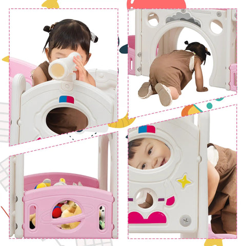 Toddler exploring freestanding kids playground, using telescope on 9-in-1 Toddler Slide And Climber Playset For Backyards Or Indoors