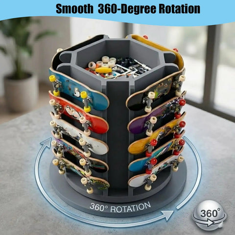 360 Degree Rotating Fingerboard Display Stand For 20 Decks And Accessories Heavy Duty Desktop Organizer with skateboards