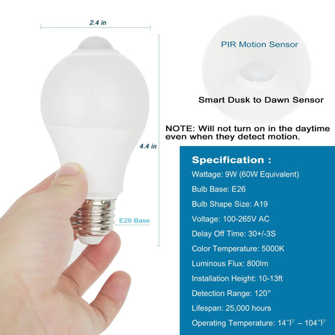 Outdoor And Indoor Motion Sensor LED Bulbs 9W A19 60W Equivalent 800 Lumens 5000K Daylight E26 Dusk To Dawn Motion Activated Security Lighting 2 Pack For Home Patio Entryway, A19 bulb with PIR sensor and E26 base