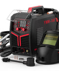 4 In 1 Flux Core MIG TIG Stick Welder With Synergic Control, Dual Voltage 110V 220V, 160A Pro Grade Portable Welding Machine And Auto Darkening Blue Light Blocking Helmet For DIY Projects And Home Shop Repairs, showing welder and helmet.