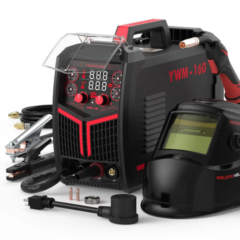 4 In 1 Flux Core MIG TIG Stick Welder With Synergic Control, Dual Voltage 110V 220V, 160A Pro Grade Portable Welding Machine And Auto Darkening Blue Light Blocking Helmet For DIY Projects And Home Shop Repairs, showing welder and helmet.