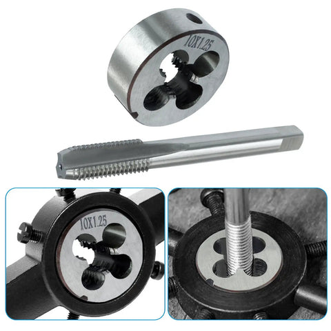 M10 X 1.25 Tap And Die Set For Metalworking, HSS Machine Thread Tap Die Kit, Right Hand Thread, shown disassembled