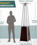 Outdoor Pyramid Patio Heater With 48000 BTU Propane Heat Backyard Ready Bronze 87 Inch Tower Quartz Glass Tube next to silhouette