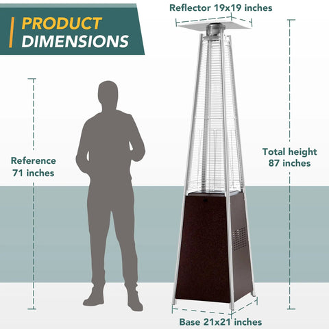 Outdoor Pyramid Patio Heater With 48000 BTU Propane Heat Backyard Ready Bronze 87 Inch Tower Quartz Glass Tube next to silhouette