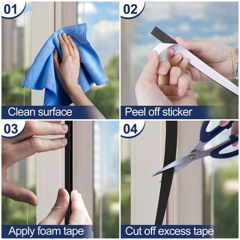 Foam weatherstripping tape, self-adhesive, black, for doors/windows, 66 ft.