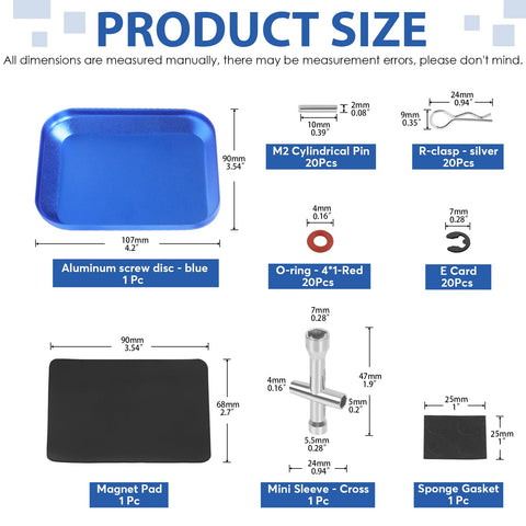 Universal RC Screw Kit 502 Pcs With Hex Button Head And Flat Head Screws Nuts Washers Grub Screws Dowels Clips O Rings E Clips Mini Socket Magnetic Screwdriver For Traxxas Axial Redcat HPI Arrma Losi 1 8 1 10 1 12 Scale product dimensions and components including blue aluminum screw disc and magnet pad.