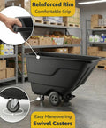 Rugged Build Tilt Truck Dump Cart Boasts Half Cubic Yard Volume And 300 Pound Weight Limit with reinforced rim and swivel casters.