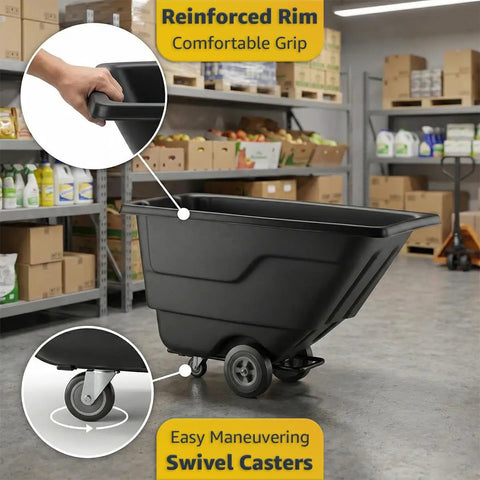 Rugged Build Tilt Truck Dump Cart Boasts Half Cubic Yard Volume And 300 Pound Weight Limit with reinforced rim and swivel casters.