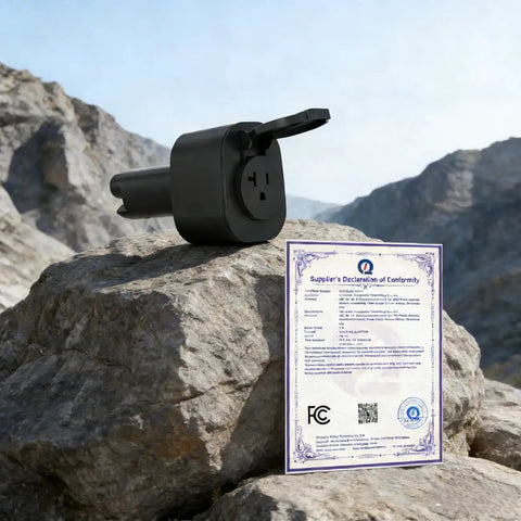 Black Essential Badass NACS V2L Adapter on rocky terrain with Supplier's Declaration of Conformity for camping and emergency use.