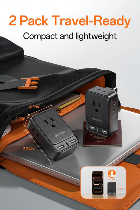 UK Travel Power Adapter Type G With 4 Outlets And 3 USB Ports USB C 7 In 1 International Travel Plug Converter shown in bag
