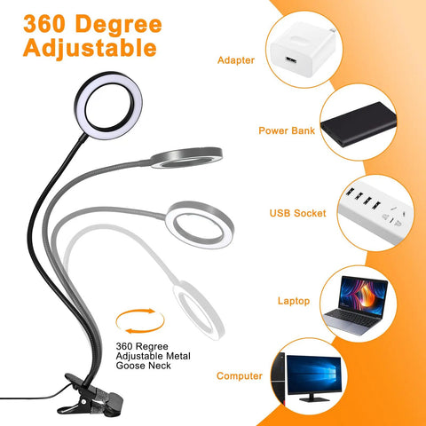 Illustration of 2 In 1 Magnifying Desk Lamp With Light And Timer For Craft And Sewing, featuring flexible gooseneck and power options.