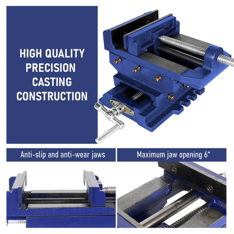 Rock Solid Cross Slide Drill Press Vise Featuring Six Inch Jaw Opening And Smooth Xy Slides for precision milling with anti-slip jaws.