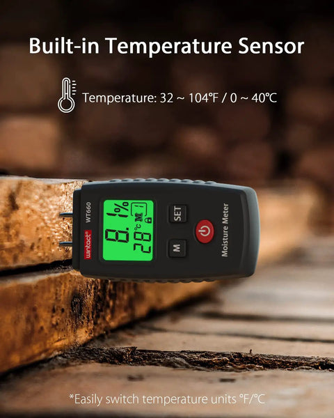 Pin Type Moisture Meter Pocket Tester For Wood And Building Materials, Quick Accurate Readings In Seconds, 0 To 70 Percent Wood Range And 0 To 15.2 Percent Materials Range, Two Percent Accuracy, One Tenth Percent Resolution, 0.38 Inch Probes on wood board