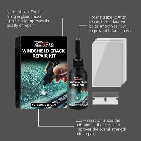 DIY Windshield Repair Kit For Chips And Minor Cracks With Liquid Glass Resin And Glue Upgraded Cracks Gone Glass Repair Set For Auto Glass Easy At Home Fix To Save On Professional Repairs image showing repair liquid bottle, blade, and package box