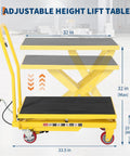 GarveeTech hydraulic lift table cart, yellow, wheeled, adjustable height 10–32 in