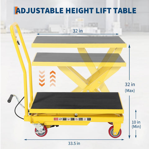 GarveeTech hydraulic lift table cart, yellow, wheeled, adjustable height 10–32 in