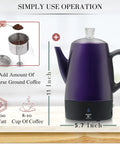 10 Cup Purple Percolator Coffee Pot Electric Stainless Steel With Keep Warm Function Classic Percolator Pot With Removable Basket For Home Or Office Bold Brew Everyday Convenience showing dimensions and usage instructions