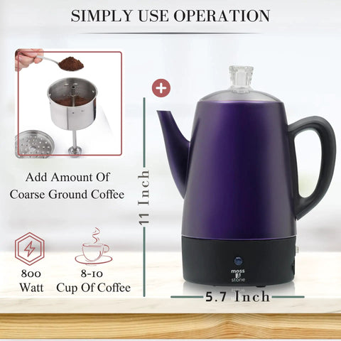 10 Cup Purple Percolator Coffee Pot Electric Stainless Steel With Keep Warm Function Classic Percolator Pot With Removable Basket For Home Or Office Bold Brew Everyday Convenience showing dimensions and usage instructions