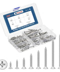 225 Piece Wood Screws Set With Phillips Flat Head Countersunk Self Tapping For Wood Sizes Six And Eight Half Inch To Two And A Half Inch Carbon Steel Black Finish Heavy Duty Kit For Carpentry Furniture And Deck Projects shown with open case