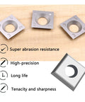 14mm Carbide Square Inserts Set for CNC Router Bits Replacement 14x14x2mm with Four Cutting Edges on wooden surface, 3 visible inserts.