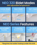 Diagram showing Neo 320 bidet modes and features, highlighting feminine and rear wash with adjustable temperature.