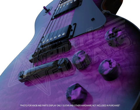 Close-up of electric guitar with Blue Resin Dome Guitar Knob Dope Upgrade One Quarter Inch, handcrafted fluorescent swirl design.