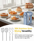 No Drama Electric Hand Mixer Featuring Five Speed Settings And Turbo Boost, Heavy Duty Stainless Beaters Plus Dough Hooks for blending desserts.