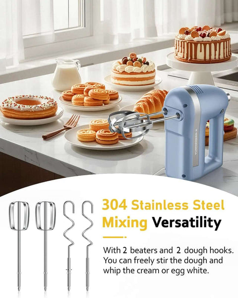 No Drama Electric Hand Mixer Featuring Five Speed Settings And Turbo Boost, Heavy Duty Stainless Beaters Plus Dough Hooks for blending desserts.