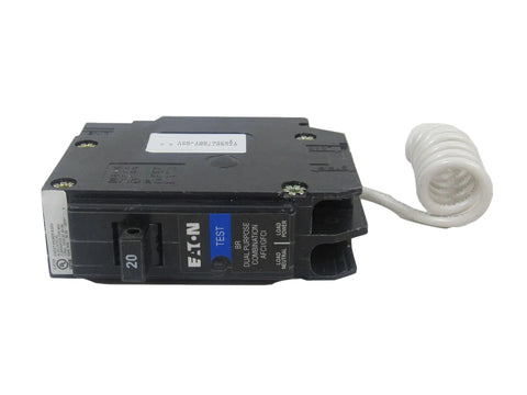 20 Amp AFCI GFCI Breaker 1 Pole 120 Or 240 Volt Ready For Home Circuits With 10 kAIC Dual Function Arc Fault And Ground Fault Protection 2 Pack Code Compliant And UL Listed For Residential Electrical Safety Easy Install In Breaker Box, displayed with coiled pigtail cable