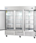 Top Shelf Heavy Duty Commercial Reach In Freezer With Three Solid Swing Doors And Rust Proof Stainless Steel Build Keeping Your Backroom Stock Chillin Smooth For Grocers Neighborhood Delis And Quick Stops 66 Cubic Feet 115 Volt Setup open with shelves visible.