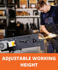Heavy Duty Industrial Belt Grinder Built Like A Tank For Metal Fabrication Shops Featuring Rock Solid Steel Frame And Badass Torque 3 Phase 400 440 Volt Motor in action, adjustable height.