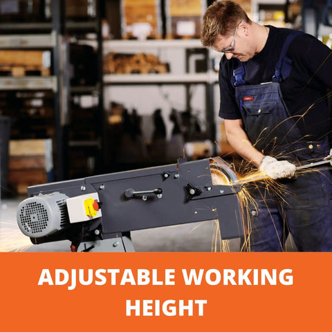 Heavy Duty Industrial Belt Grinder Built Like A Tank For Metal Fabrication Shops Featuring Rock Solid Steel Frame And Badass Torque 3 Phase 400 440 Volt Motor in action, adjustable height.