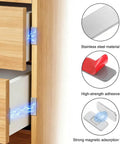 Black Magnetic Cabinet Door Catch Set for kitchen with beefy hold, showing stainless steel, adhesive, and magnetic closure on wood.