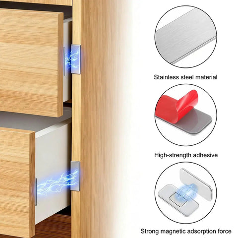 Black Magnetic Cabinet Door Catch Set for kitchen with beefy hold, showing stainless steel, adhesive, and magnetic closure on wood.