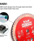 10 Inch Metal Cutting Circular Saw Blade For Steel And Stainless Steel With Anti Heat Sticking Coating 48 Teeth 1 Inch Arbor Thin Kerf 0.075 Inch Plate 0.063 Inch Durable Long Life High Finish Pro Grade Heavy Duty, red blade with MABV tooth design.