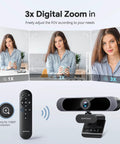 Top Shelf 4K Webcam With 1 2 55 Sony Sensor And 3X Digital Zoom Autofocus Ultra HD 30Fps Computer Camera showing zoom levels and remote.