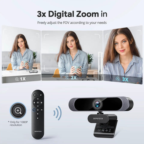 Top Shelf 4K Webcam With 1 2 55 Sony Sensor And 3X Digital Zoom Autofocus Ultra HD 30Fps Computer Camera showing zoom levels and remote.